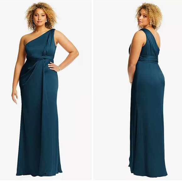 Dessy One-Shoulder Draped Twist Empire Waist Trumpet Gown Atlantic Blue Sz 4 NWT - Picture 1 of 12
